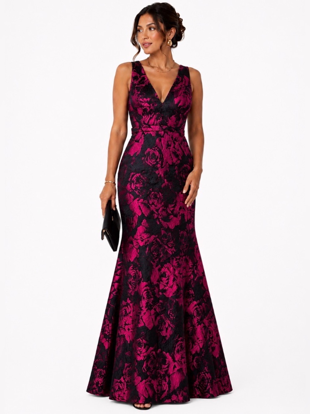 Floral Jacquard Gown Black Fushia